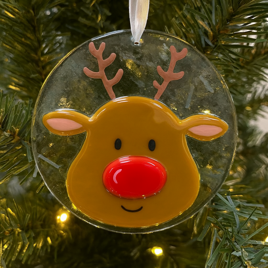 Fused Glass Reindeer Decoration with Red Nose | Handmade in North Wales by Pam Peters Designs