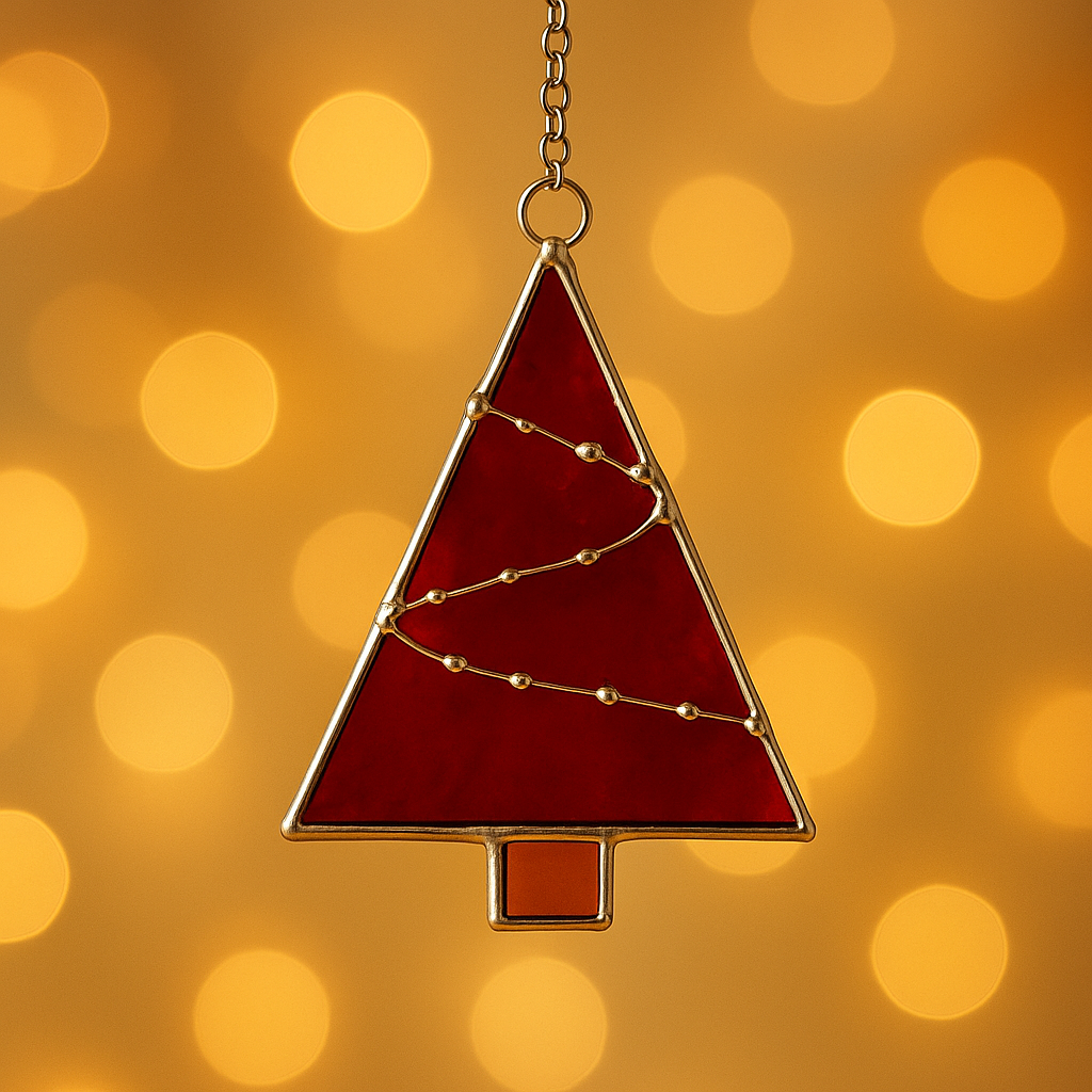 Stained Glass Christmas Tree Decoration –  Red Handmade Glass Ornament