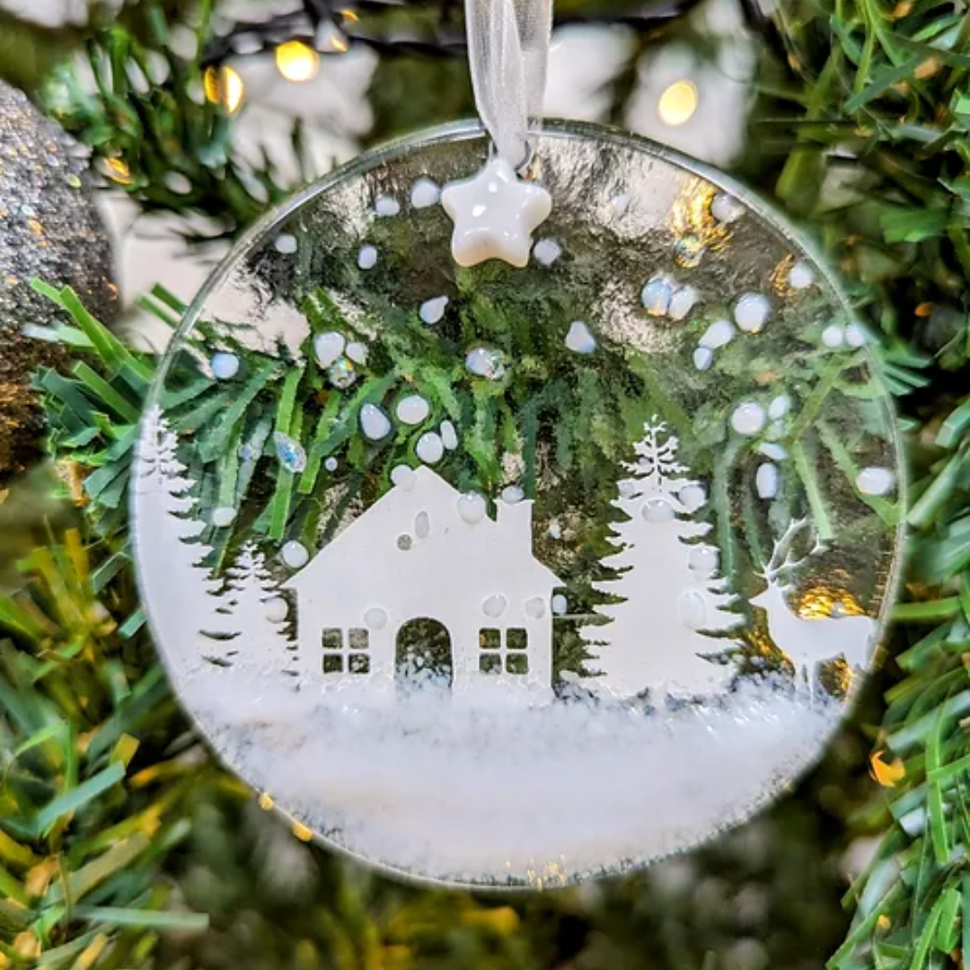 Handmade Fused Glass - Christmas Tree Ornament - Cabin in the Woods
