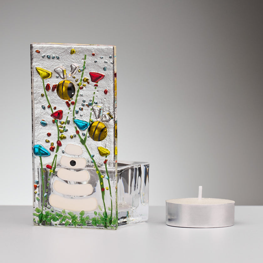 Fused Glass Tea Light Holder – Bumble Bee & Wildflowers (Handmade)