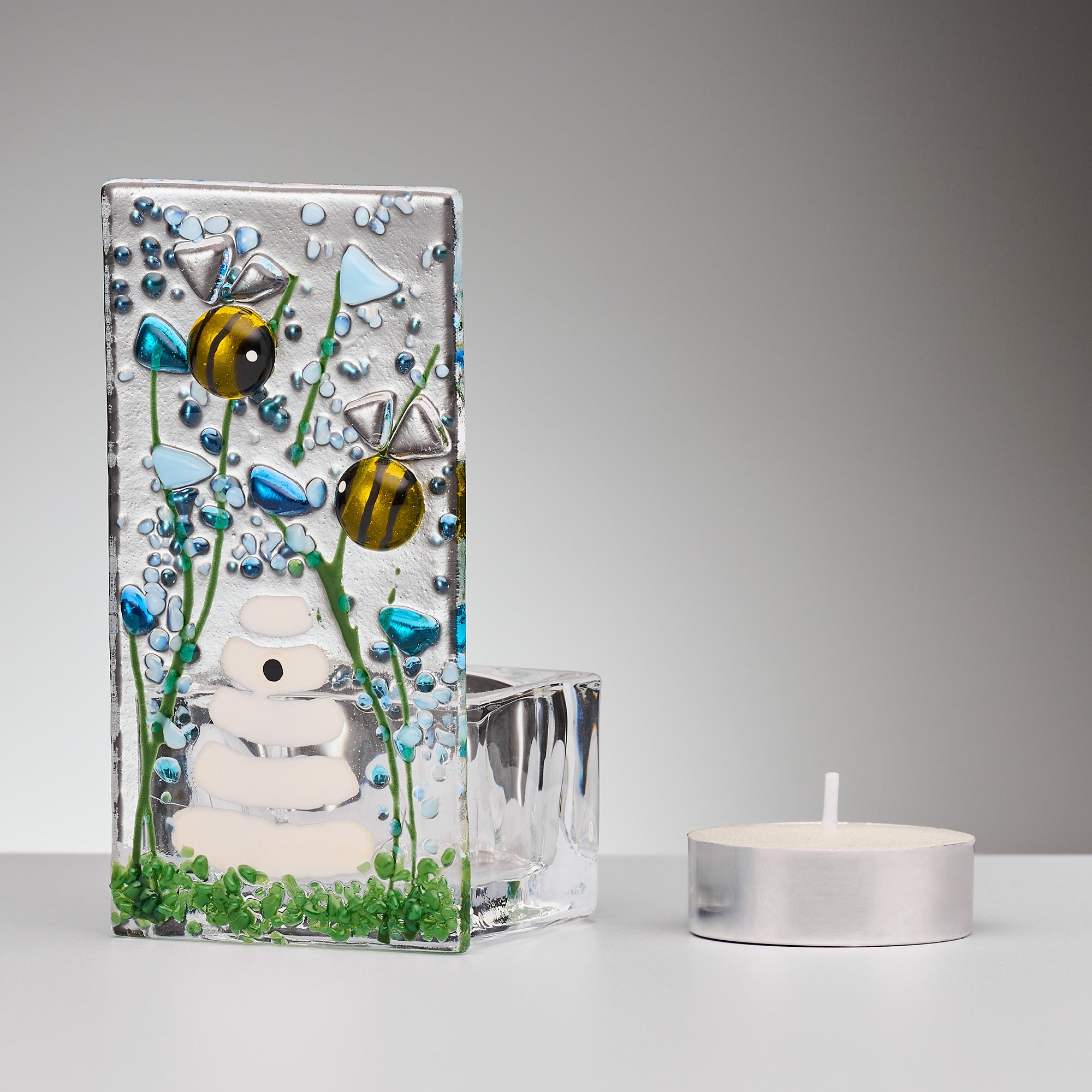 Handmade Fused Glass - Tea Light Holder - Bumble Bee - Forget Me Not