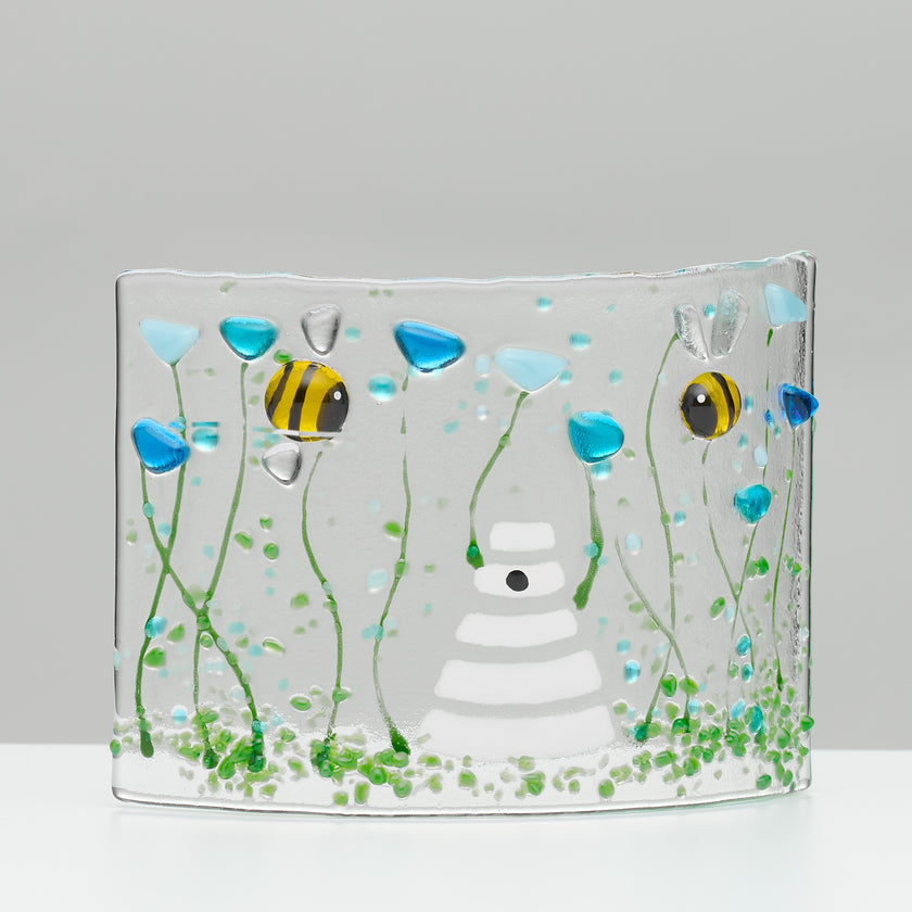 Fused Glass Curve – Bumble Bee & Forget Me Not Flowers (Handmade)