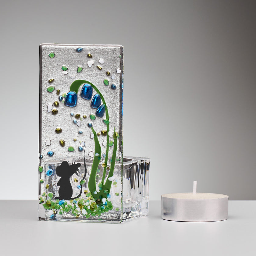 Fused Glass Tea Light Holder – Field Mouse & Bluebell (Handmade)