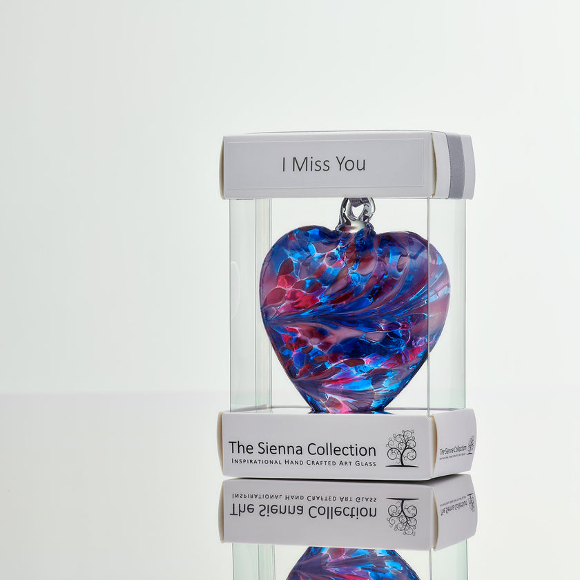 8cm Friendship Heart – I Miss You (Blue & Pink, Handmade Glass Keepsake)