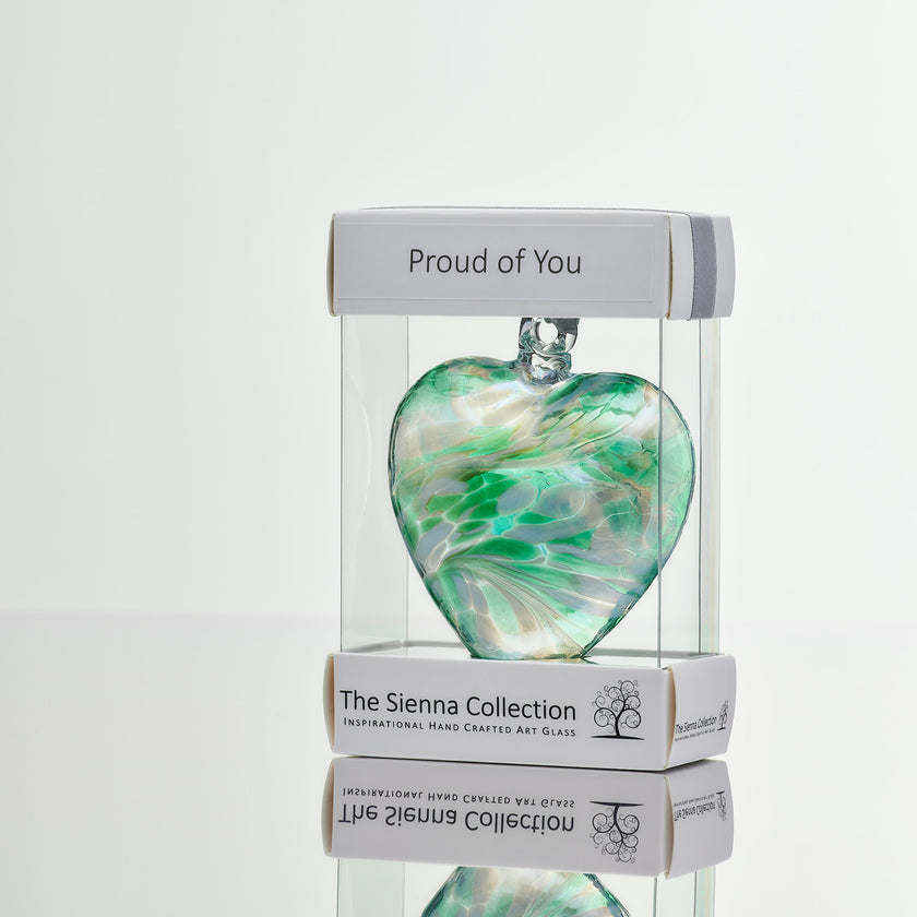 8cm Friendship Heart – Proud of You (Green, Handmade Glass Keepsake)