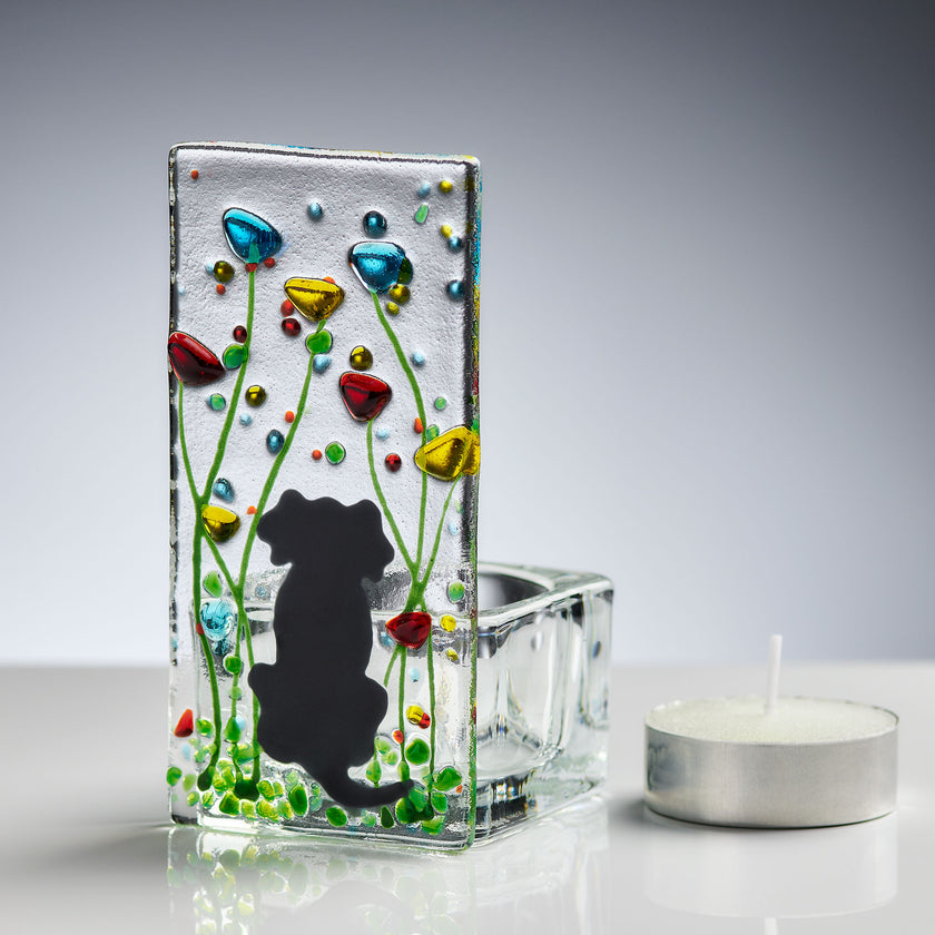Fused Glass Tea Light Holder – Dog & Wildflower Design (Handmade)