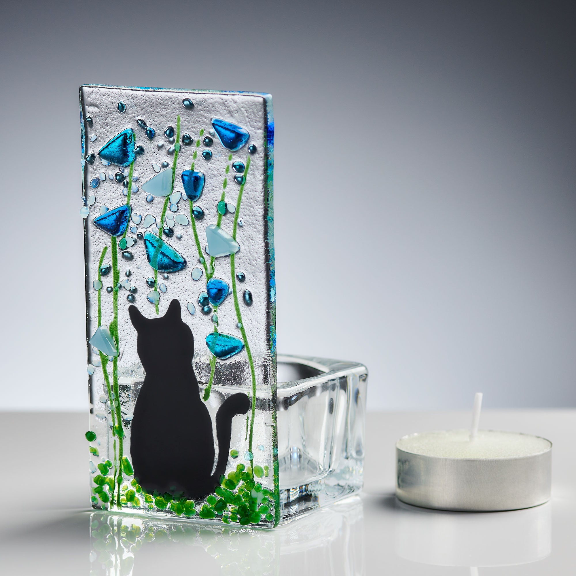 Fused Glass Tea Light Holder – Cat & Forget Me Not Design (Handmade)