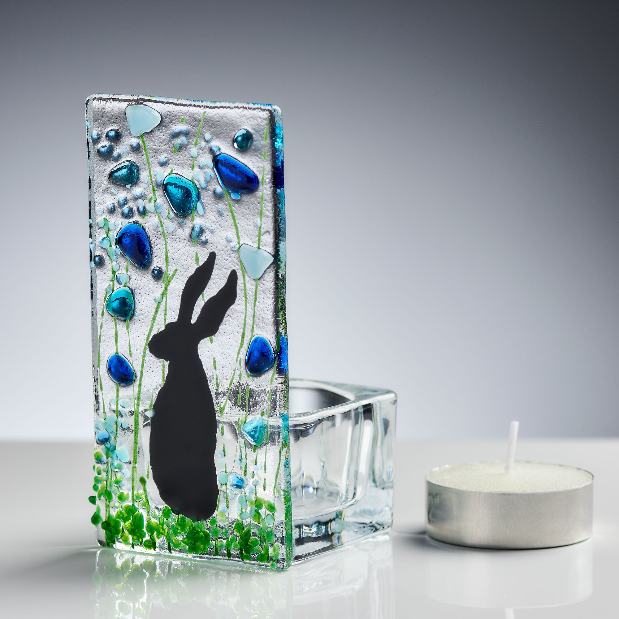 Fused Glass Tea Light Holder – Hare & Forget Me Not Design (Handmade)