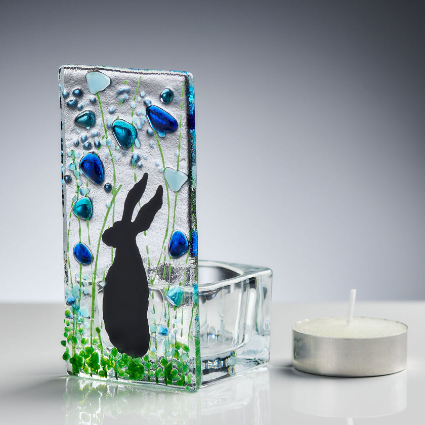 Fused Glass Tea Light Holder – Hare & Forget Me Not Design (Handmade)