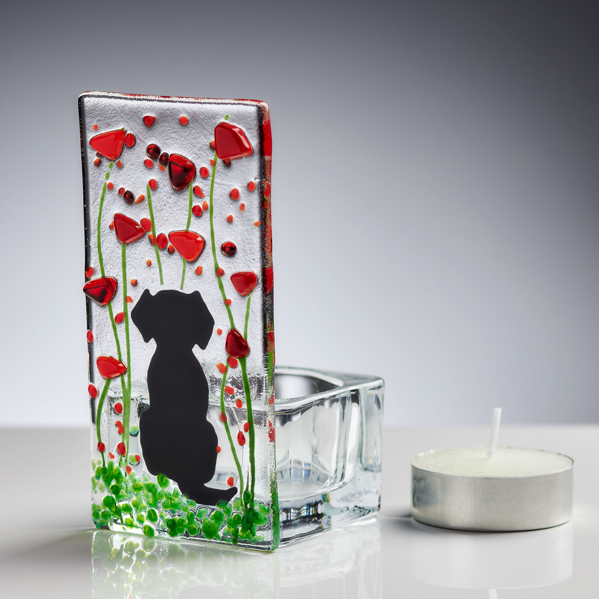 Fused Glass Tea Light Holder – Dog & Poppy Design (Handmade)