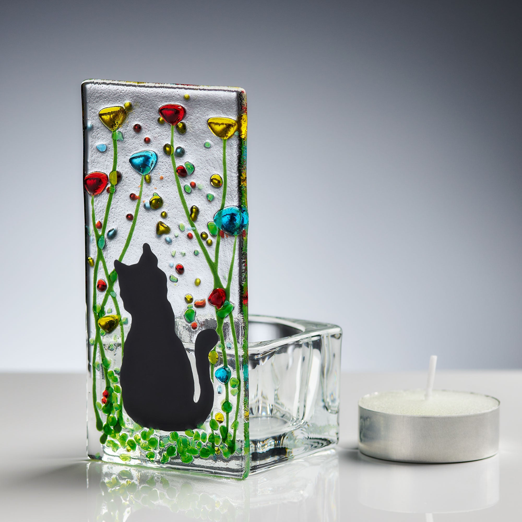 Fused Glass Tea Light Holder – Cat & Wildflower Design (Handmade)