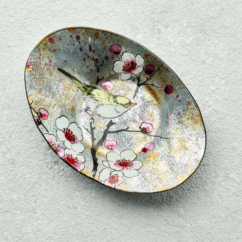 Oval Glass Bowl – Bird Song Design (Handmade Decorative Centrepiece)