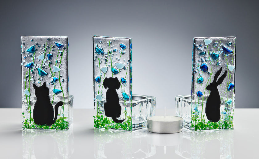 Fused Glass Tea Light Holder – Hare & Forget Me Not Design (Handmade)
