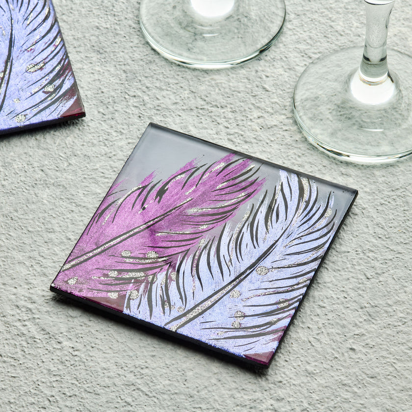 Set of 4 Glass Coasters – Whispering Feather Violet (Handmade Fused Glass)