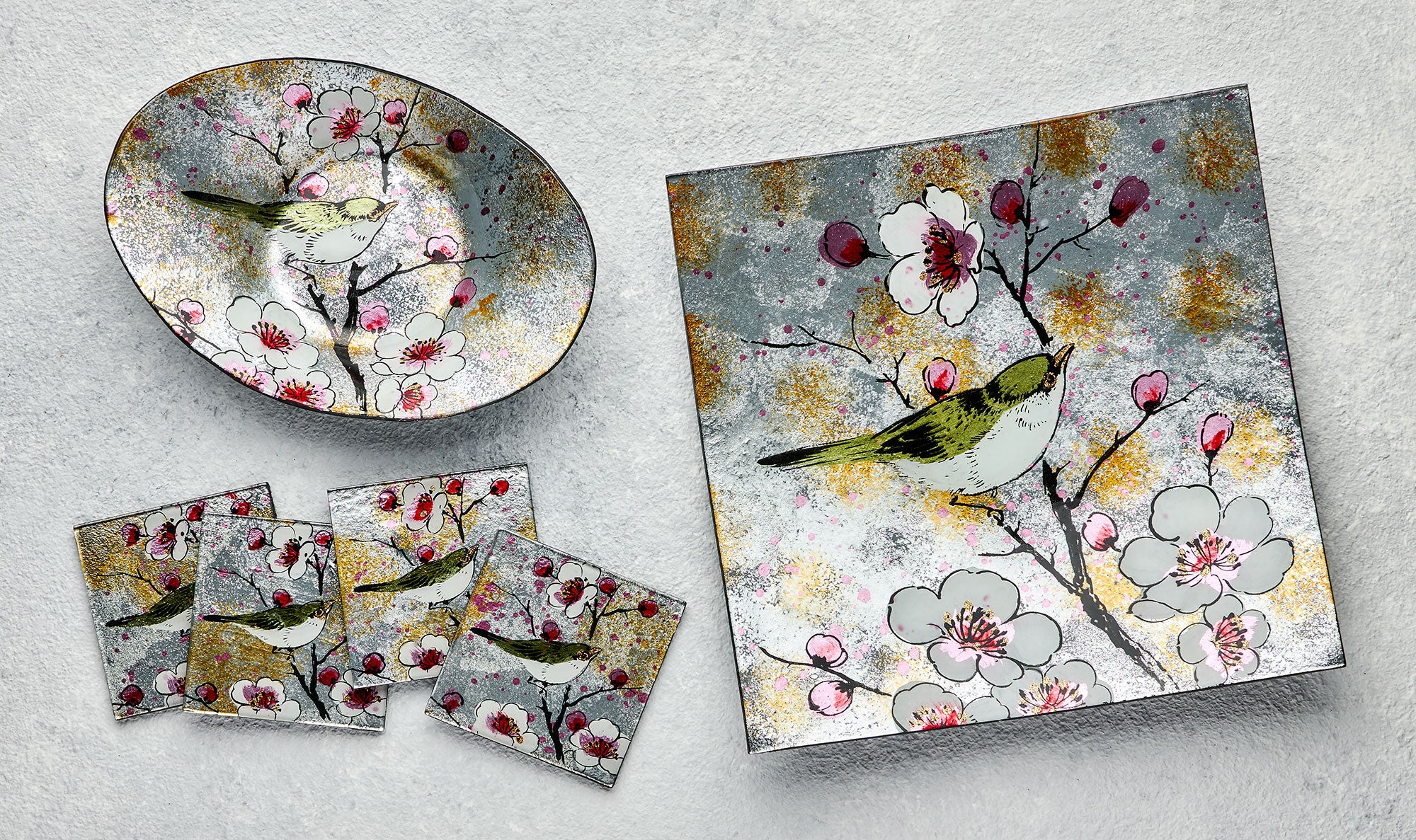 Square Glass Plate – Bird Song Design (Handmade Decorative Tableware)