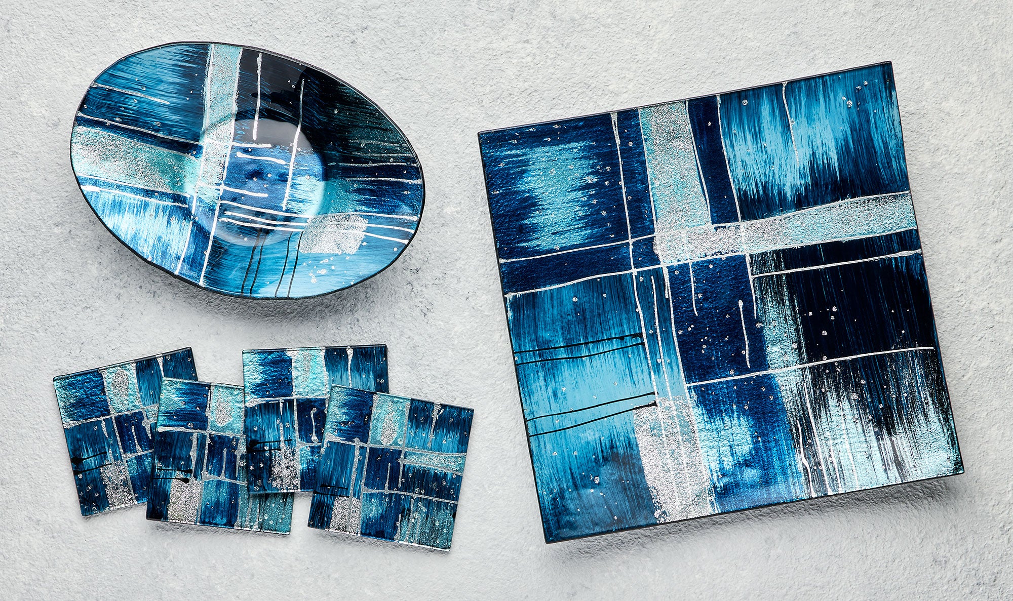 Square Glass Plate – Piazza Blue (Handmade Decorative Tableware)