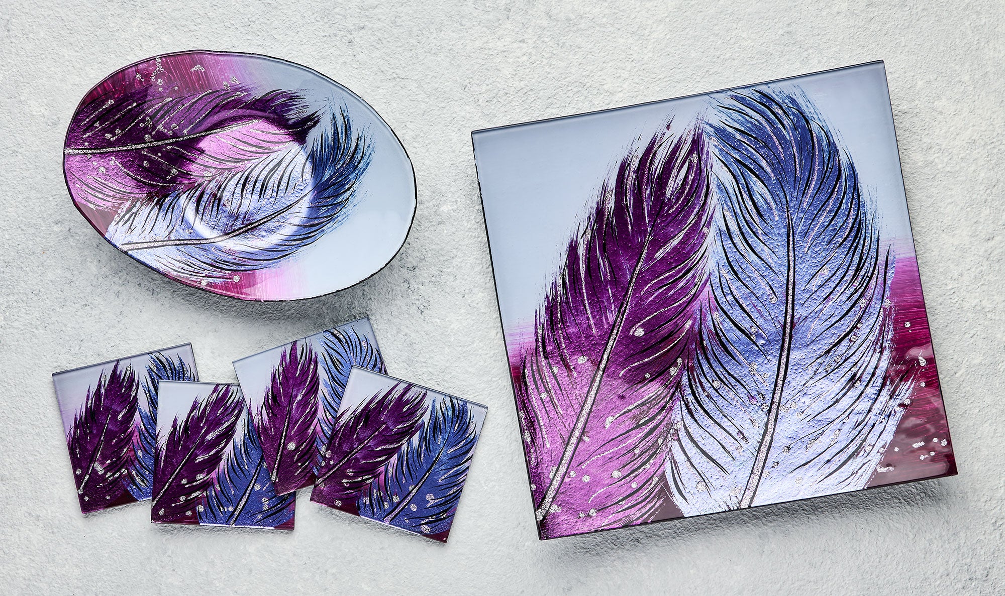 Square Glass Plate – Whispering Feather Violet (Handmade Decorative Tableware)