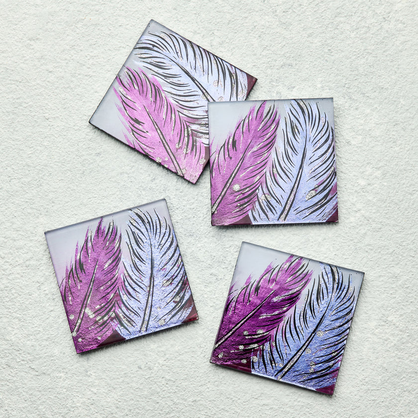 Set of 4 Glass Coasters – Whispering Feather Violet (Handmade Fused Glass)