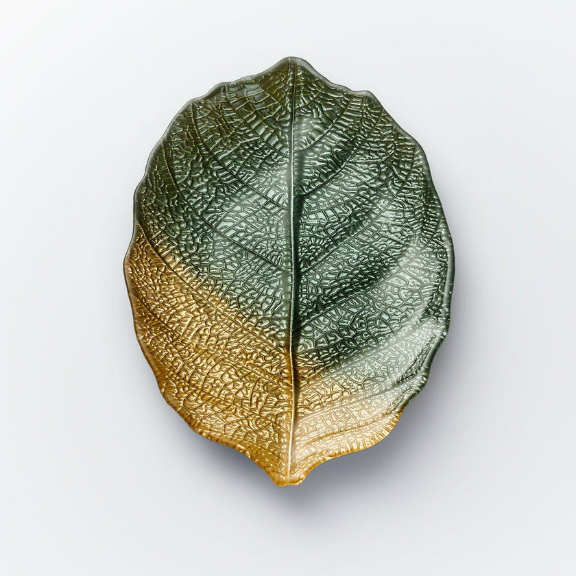 Glass Plate - Leaf Design - Green & Gold