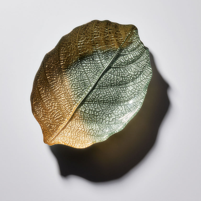Glass Plate - Leaf Design - Green & Gold