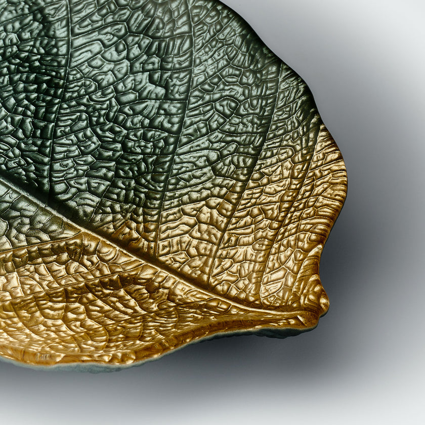 Glass Plate - Leaf Design - Green & Gold