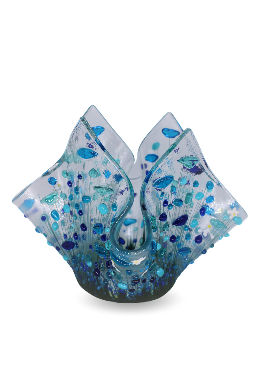 Handmade Fused Glass Tealight Holder – Cornflower Design (Small)