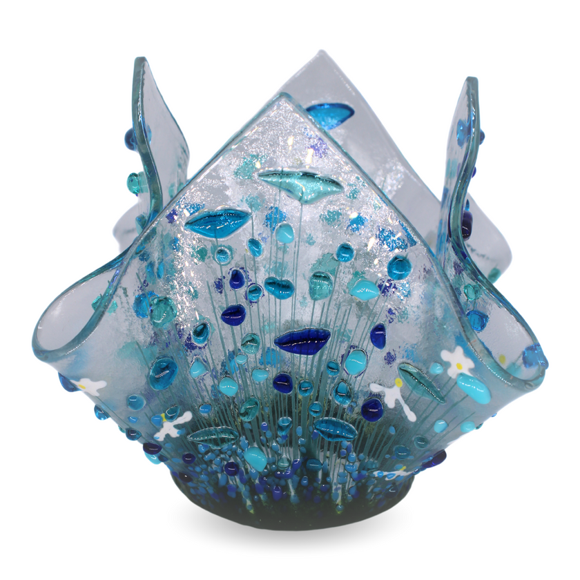 Handmade Fused Glass Tealight Holder – Cornflower Design (Small)