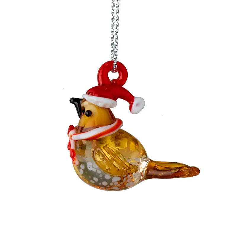 Handcrafted Glass Robin with Santa Hat – 3.5cm Festive Christmas Tree Decoration