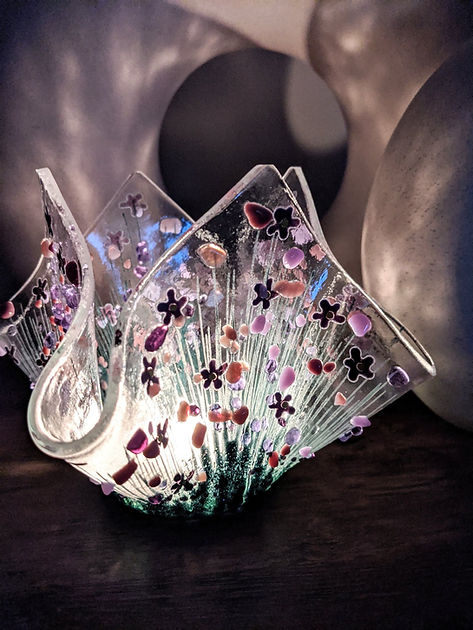 Handmade Fused Glass Small Tealight Holder – Violet Design