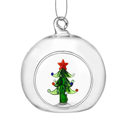 Handcrafted Glass Christmas Tree Bauble with Red Star – 8cm Clear Ornament with Festive Detail