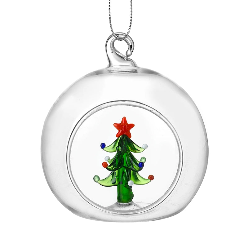 Handcrafted Glass Christmas Tree Bauble with Red Star – 8cm Clear Ornament with Festive Detail