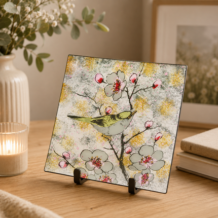 Set of 4 Glass Coasters – Bird Song Design (Handmade Fused Glass)