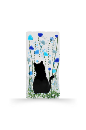 Handmade Fused Glass - Tea Light Holder - Cat - Forget Me Not