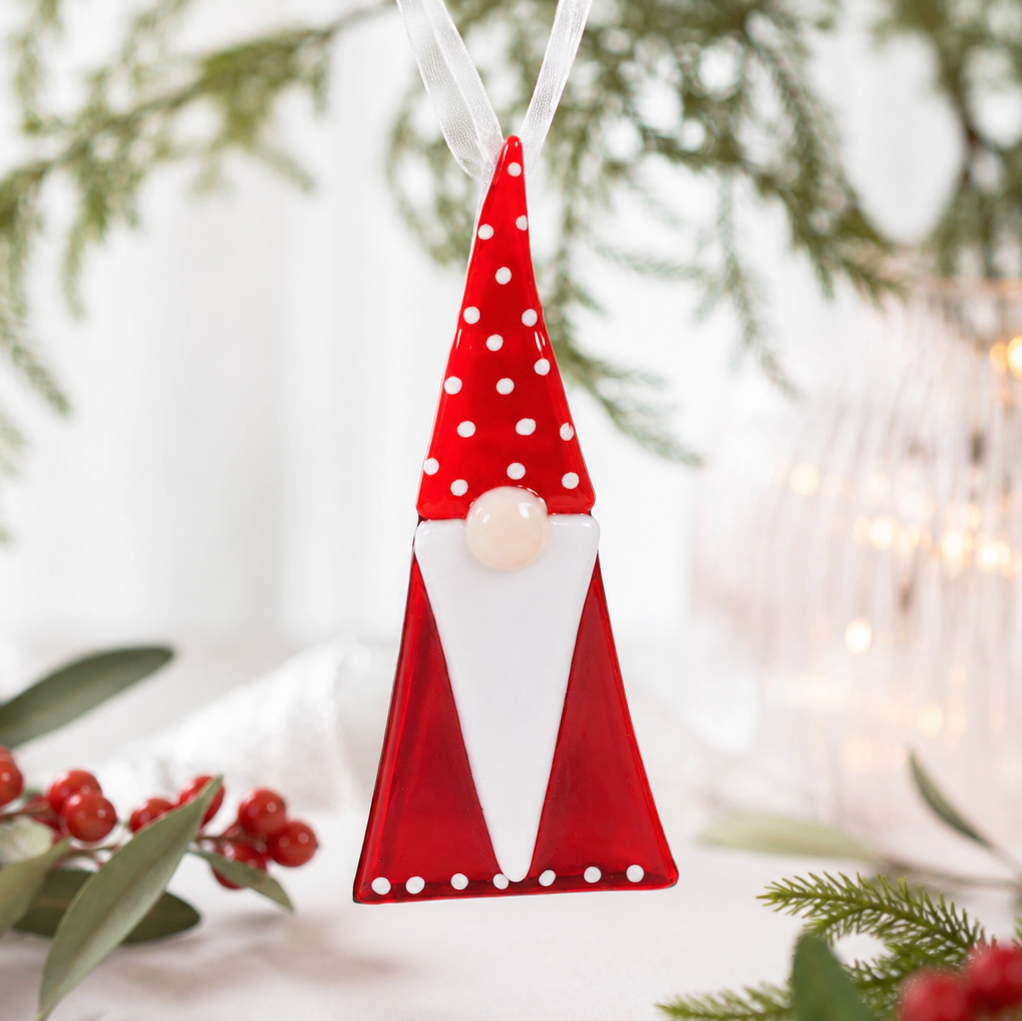 Glass Father Christmas Hanging Decoration: Red / Spotty