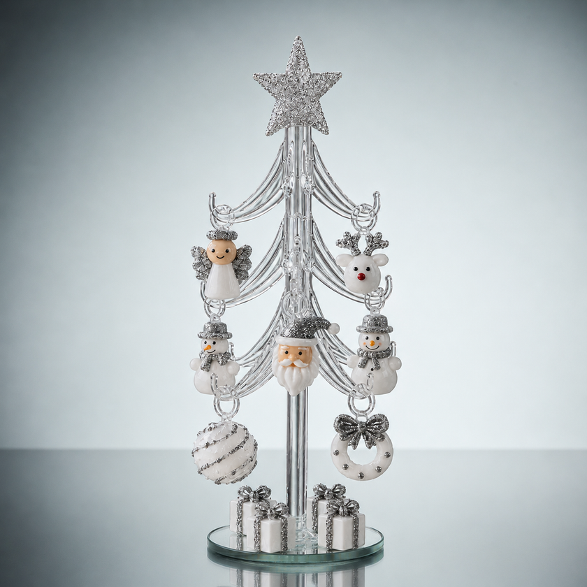 Glass Christmas Tree with Hanging Ornaments – 20cm – Clear/Silver