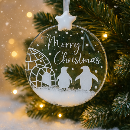 Fused Glass Merry Christmas Decoration with Penguins | Handmade in North Wales by Pam Peters Designs