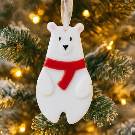 Fused Glass Polar Bear Decoration with Red Scarf | Handmade in North Wales by Pam Peters Designs