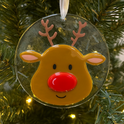 Fused Glass Reindeer Decoration with Red Nose | Handmade in North Wales by Pam Peters Designs
