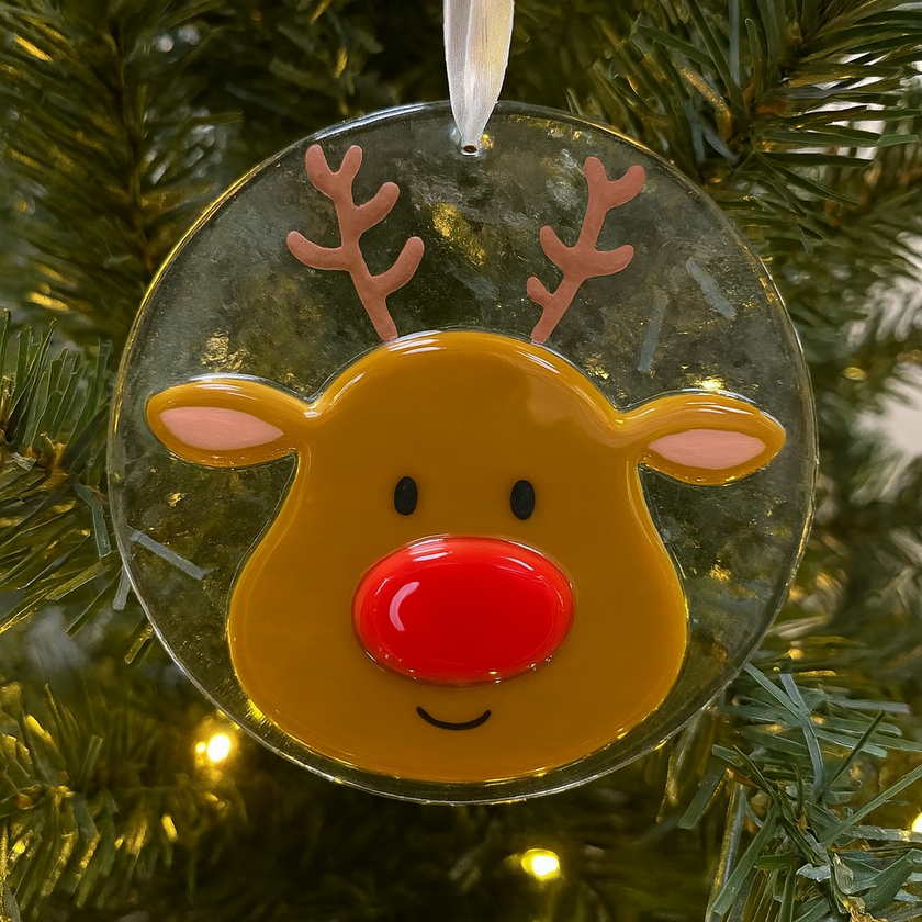 Fused Glass Reindeer Decoration with Red Nose | Handmade in North Wales by Pam Peters Designs