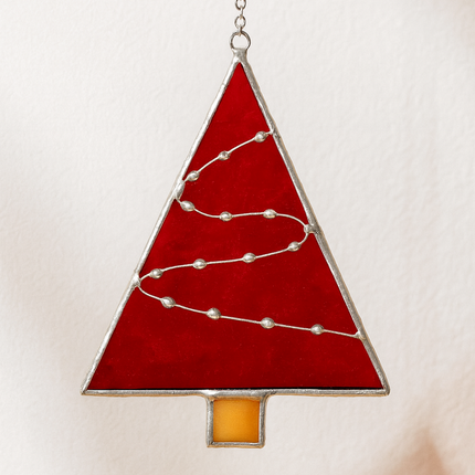 Stained Glass Christmas Tree Decoration –  Red Handmade Glass Ornament