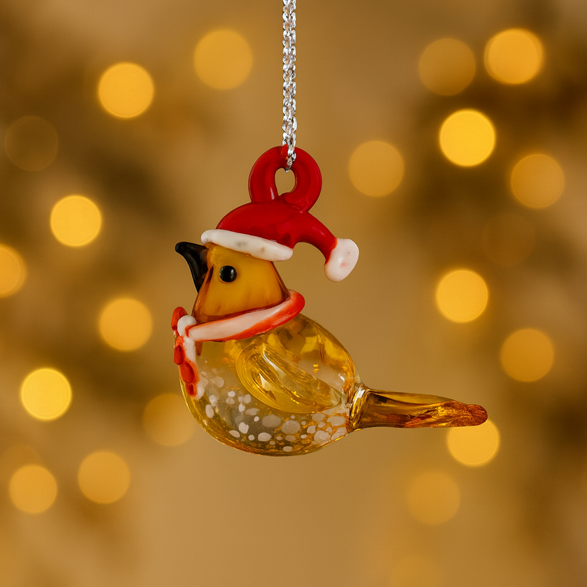 Handcrafted Glass Robin with Santa Hat – 3.5cm Festive Christmas Tree Decoration