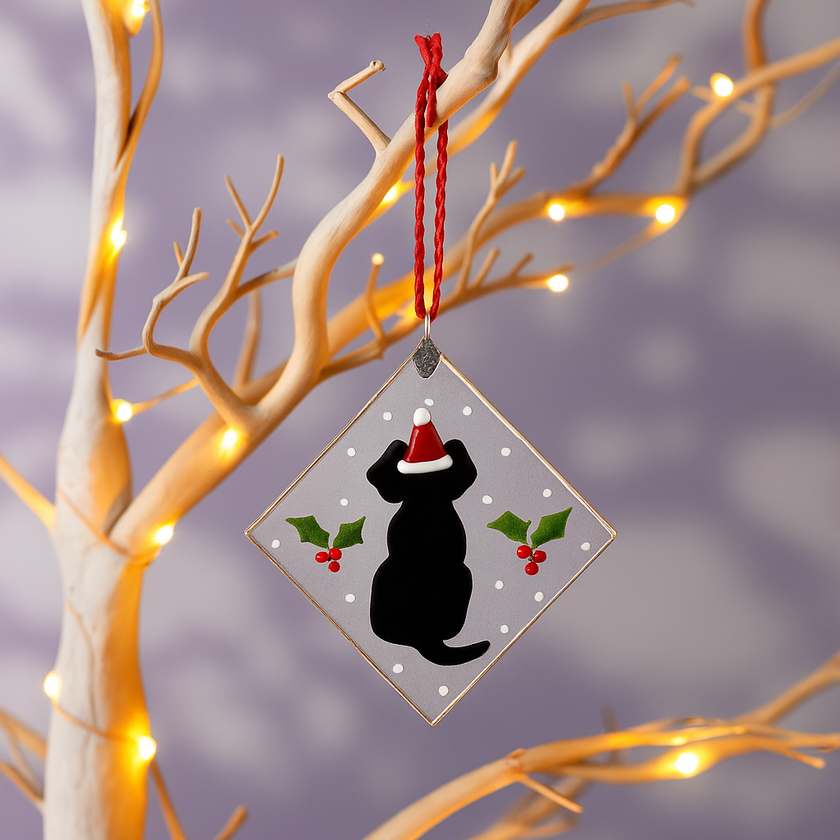 Handmade Fused Glass - Hanging Ornament - Christmas Dog