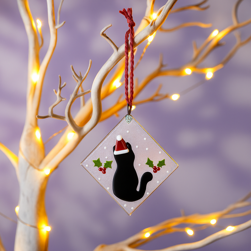 Handmade Fused Glass - Hanging Ornament - Christmas Cat