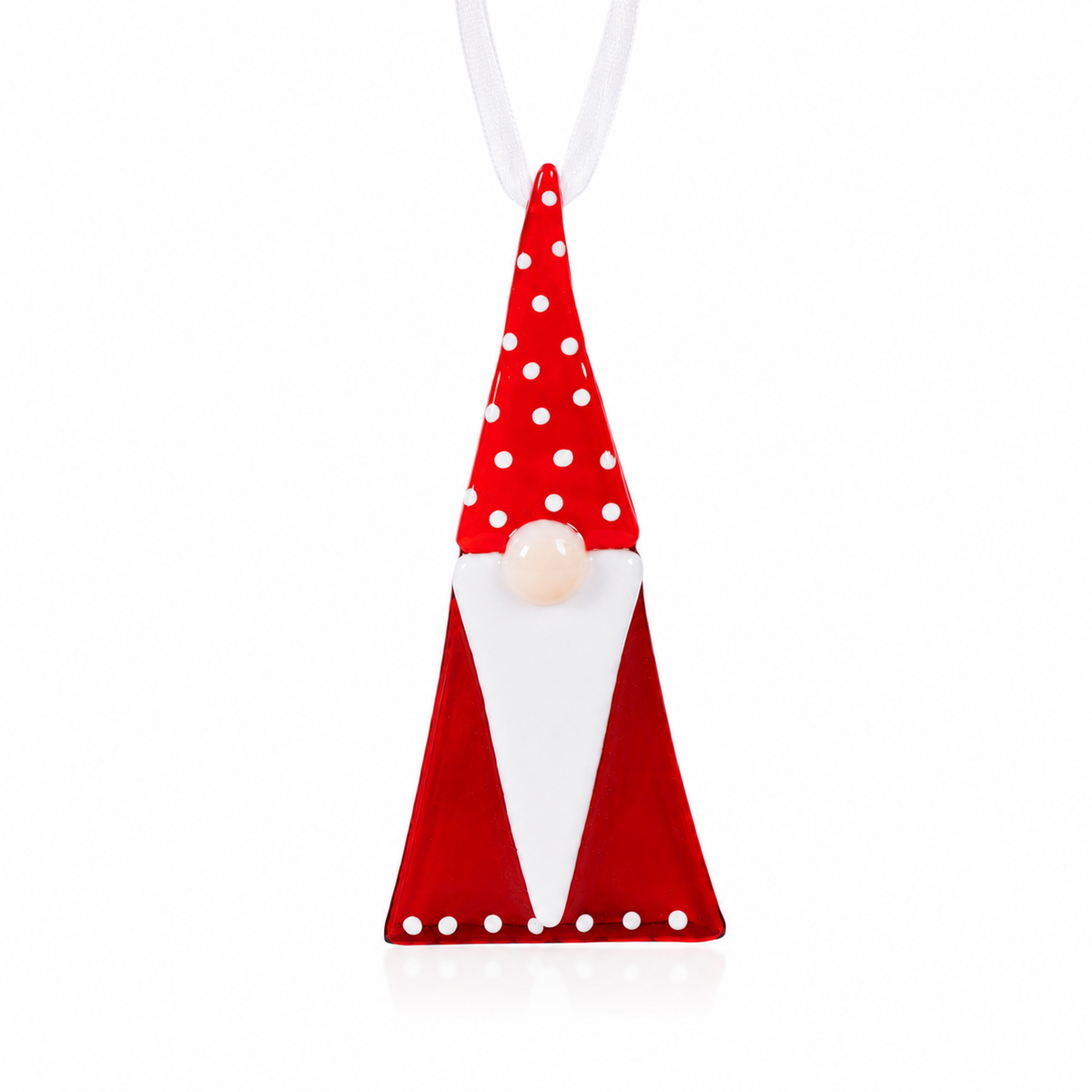 A red and white gnome-shaped hanging ornament with white polka dots on the hat, a white beard, and a small pearl-like nose, suspended by a white ribbon on a white background.