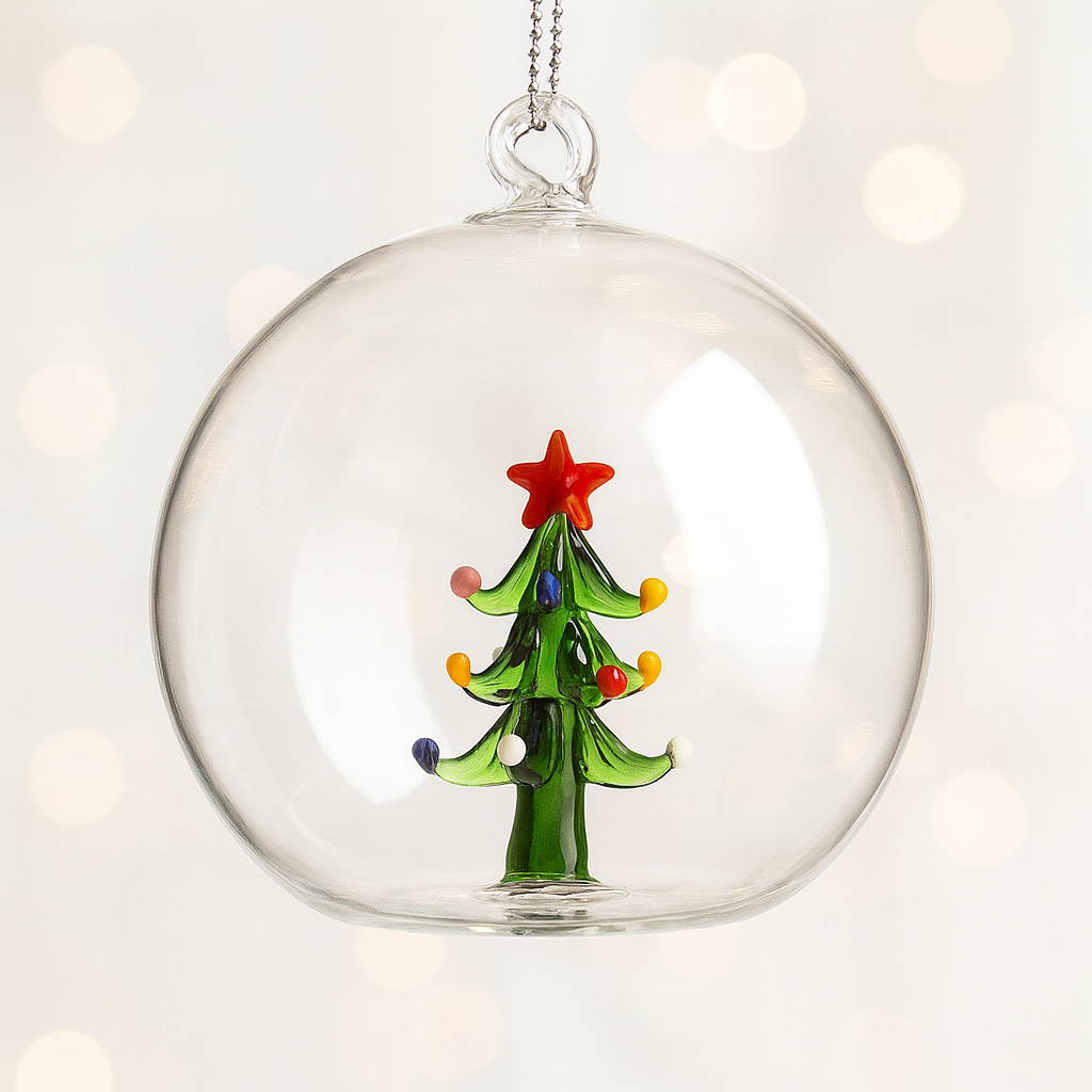 Glass Colourful Christmas Tree in Globe Hanging Decoration (Full Globe)| Handmade Festive Ornament