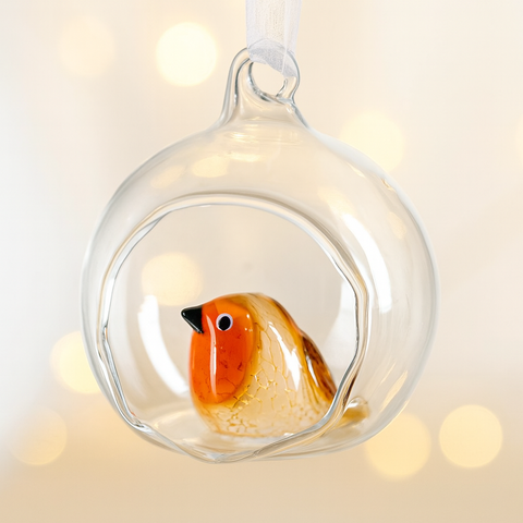 Glass Robin in Globe Hanging Decoration – Handcrafted Christmas Ornament