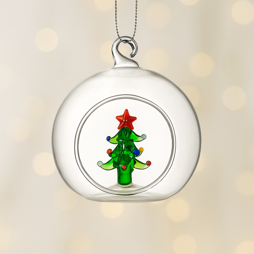 Handcrafted Glass Christmas Tree Bauble with Red Star – 8cm Clear Ornament with Festive Detail