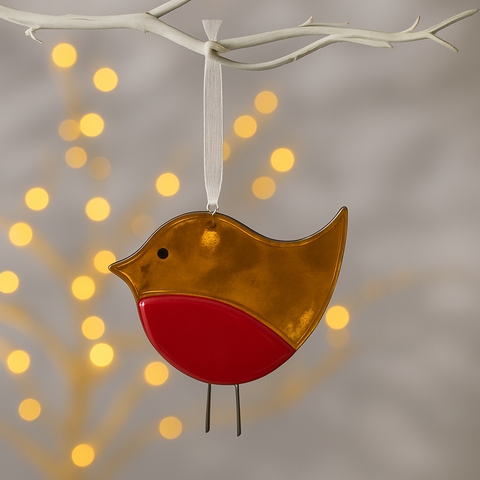 Handmade Fused Glass - Christmas Tree Ornament - Robin