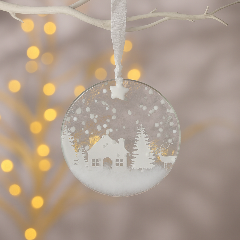 Handmade Fused Glass - Christmas Tree Ornament - Cabin in the Woods