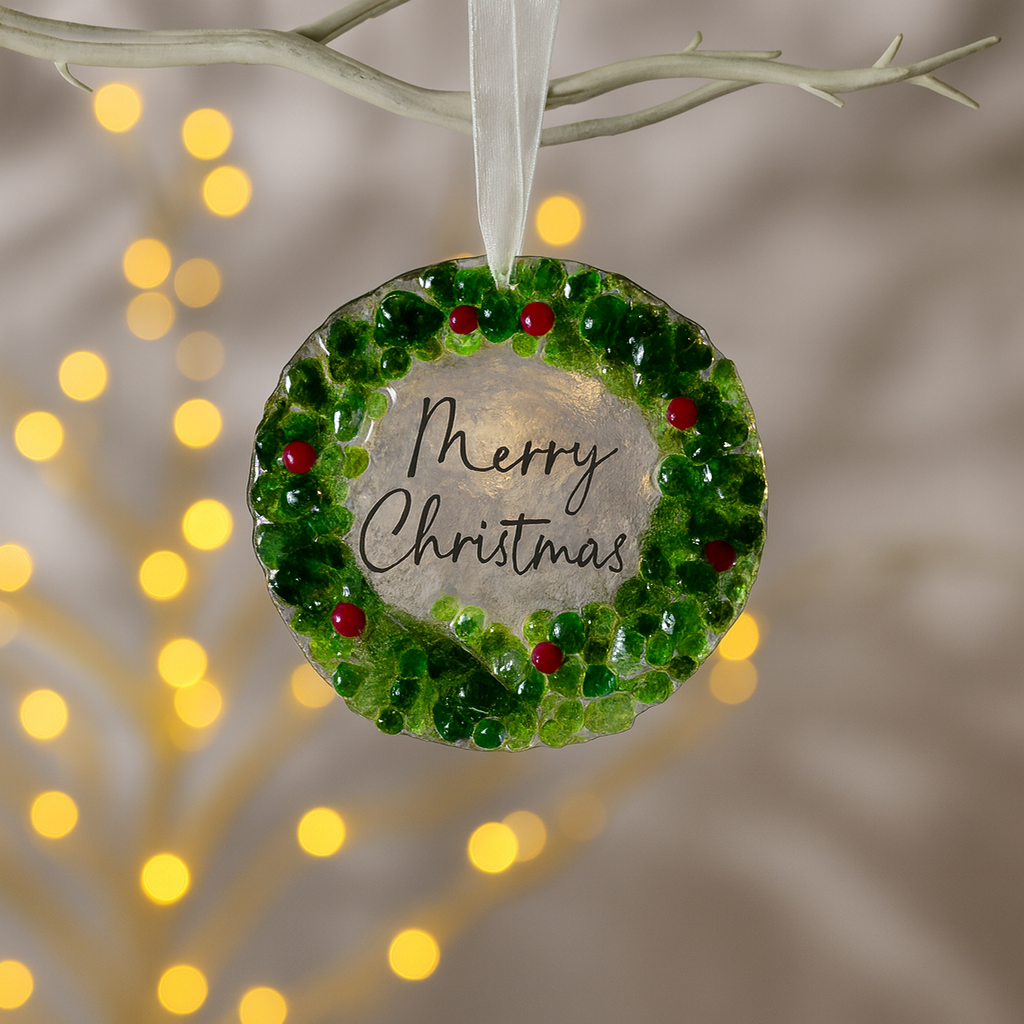 Handmade Fused Glass Christmas Tree Ornament – Wreath & Merry Christmas Design